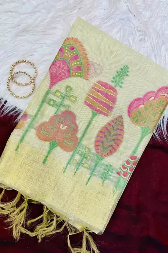 Cream Color floral weaving Cotton Saree