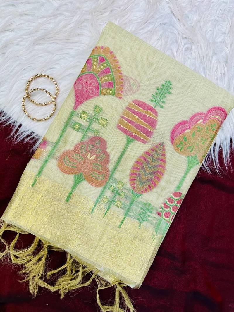 Cream Color floral weaving Cotton Saree