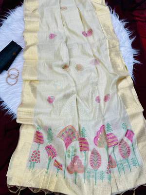 Cream Color floral weaving Cotton Saree 2