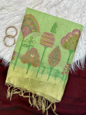 Parrot Green Color floral weaving Cotton Saree 1