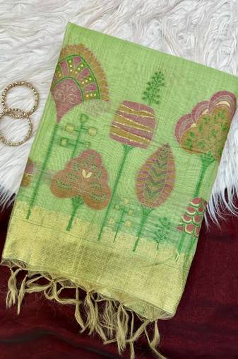 Parrot Green Color floral weaving Cotton Saree