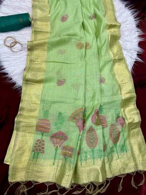 Parrot Green Color floral weaving Cotton Saree 3