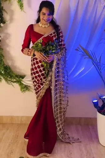 Maroon pure soft fandy sattin silk with real mirror work lace border saree