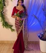 Maroon pure soft fandy sattin silk with real mirror work lace border saree