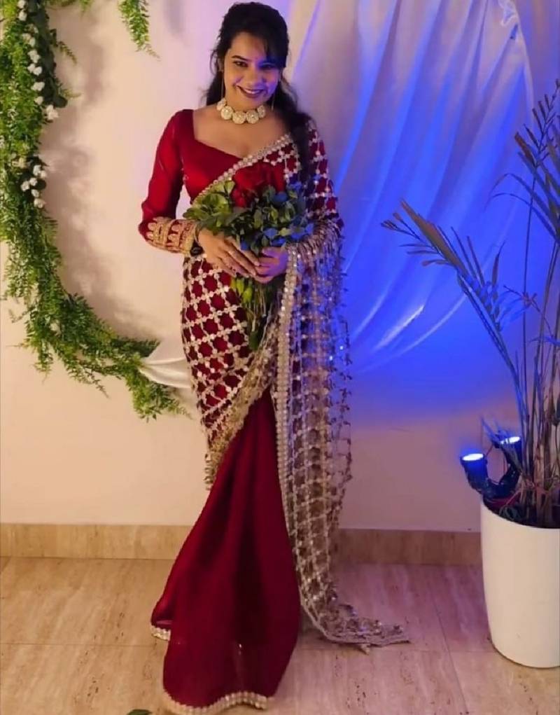 Maroon pure soft fandy sattin silk with real mirror work lace border saree