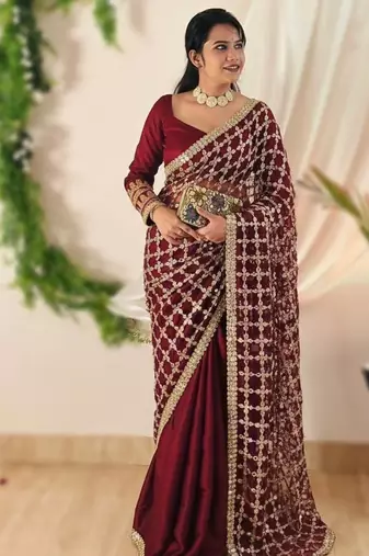 Maroon soft fandy sattin silk with mirror work lace border saree