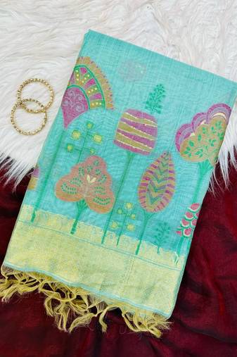 sky-Blue Color floral weaving Cotton Saree