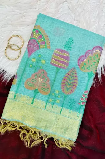 sky-Blue Color floral weaving Cotton Saree