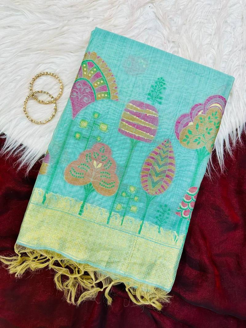 sky-Blue Color floral weaving Cotton Saree