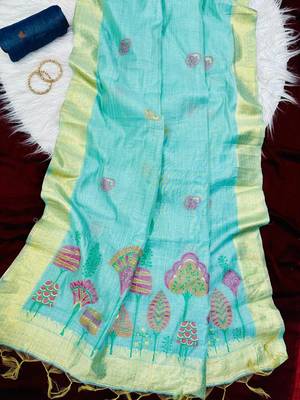 sky-Blue Color floral weaving Cotton Saree 2