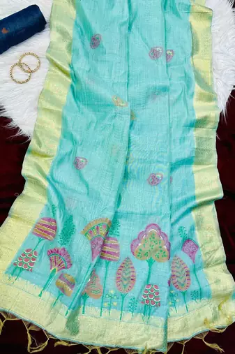 sky-Blue Color floral weaving Cotton Saree