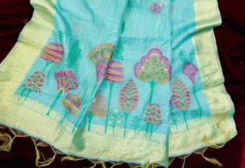 sky-Blue Color floral weaving Cotton Saree 3