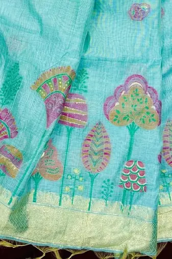 sky-Blue Color floral weaving Cotton Saree