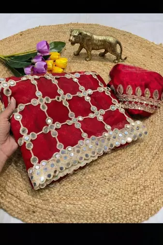 Pink soft fandy sattin silk with mirror work lace border saree