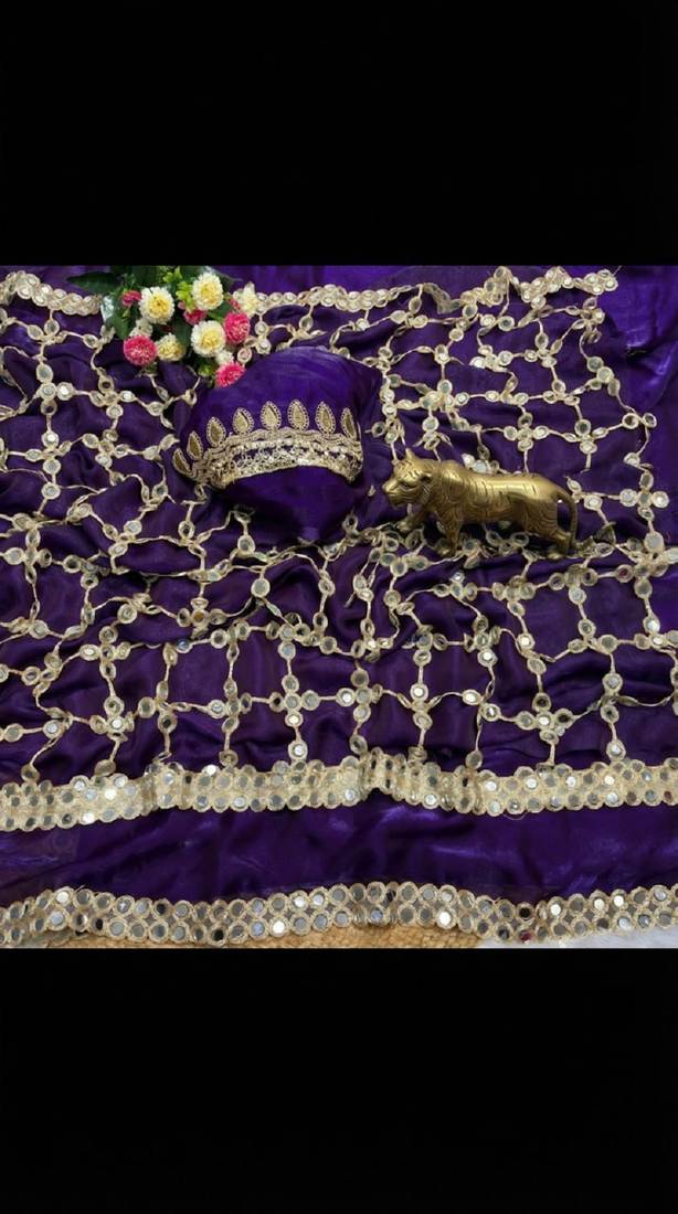 Purple pure soft fandy sattin silk with real mirror work lace border saree