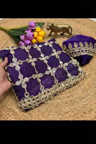 Purple soft fandy sattin silk with mirror work lace border saree