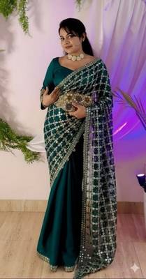 Sea green soft fandy sattin silk with mirror work lace border saree 1