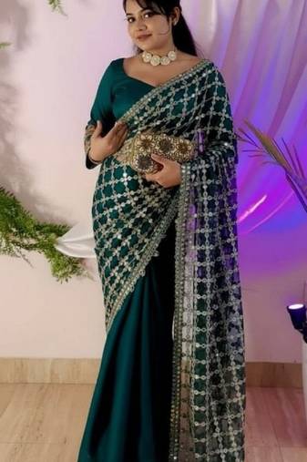 Sea green pure soft fandy sattin silk with real mirror work lace border saree
