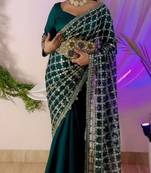 Sea green soft fandy sattin silk with mirror work lace border saree