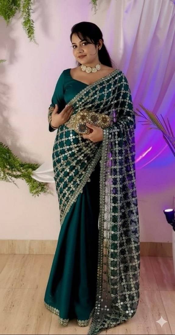 Sea green pure soft fandy sattin silk with real mirror work lace border saree