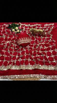 Red soft fandy sattin silk with mirror work lace border saree 3