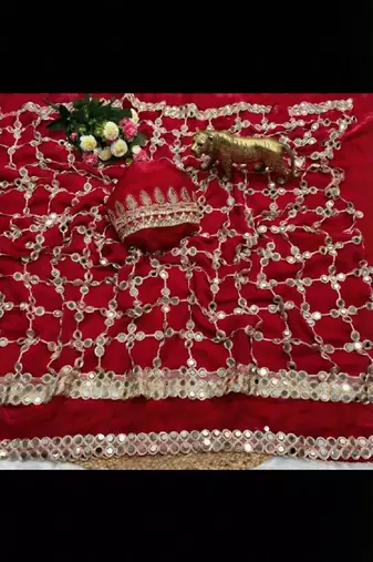 Red soft fandy sattin silk with mirror work lace border saree