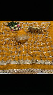 Yellow soft fandy sattin silk with mirror work lace border saree 3