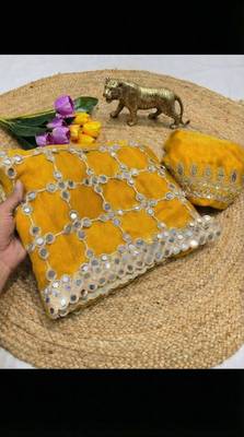 Yellow soft fandy sattin silk with mirror work lace border saree 4
