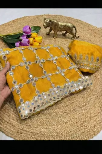 Yellow soft fandy sattin silk with mirror work lace border saree