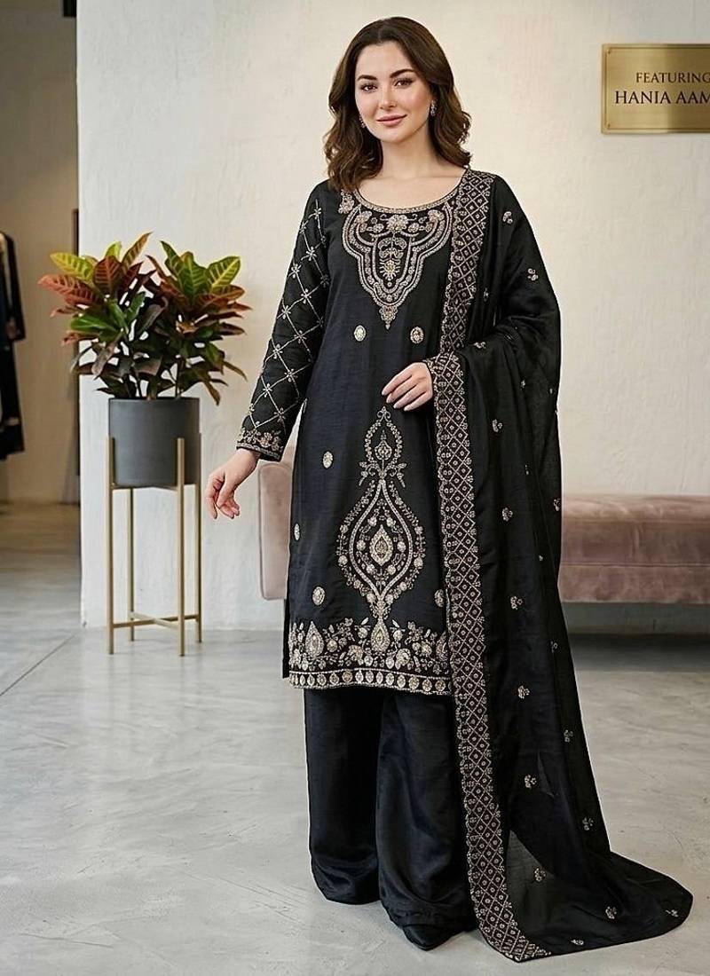 Black silk blend embroidered beads work plazzo suit