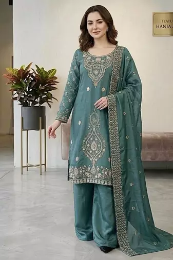 Seagreen silk blend embroidered beads work plazzo suit