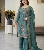 Seagreen silk blend embroidered beads work plazzo suit