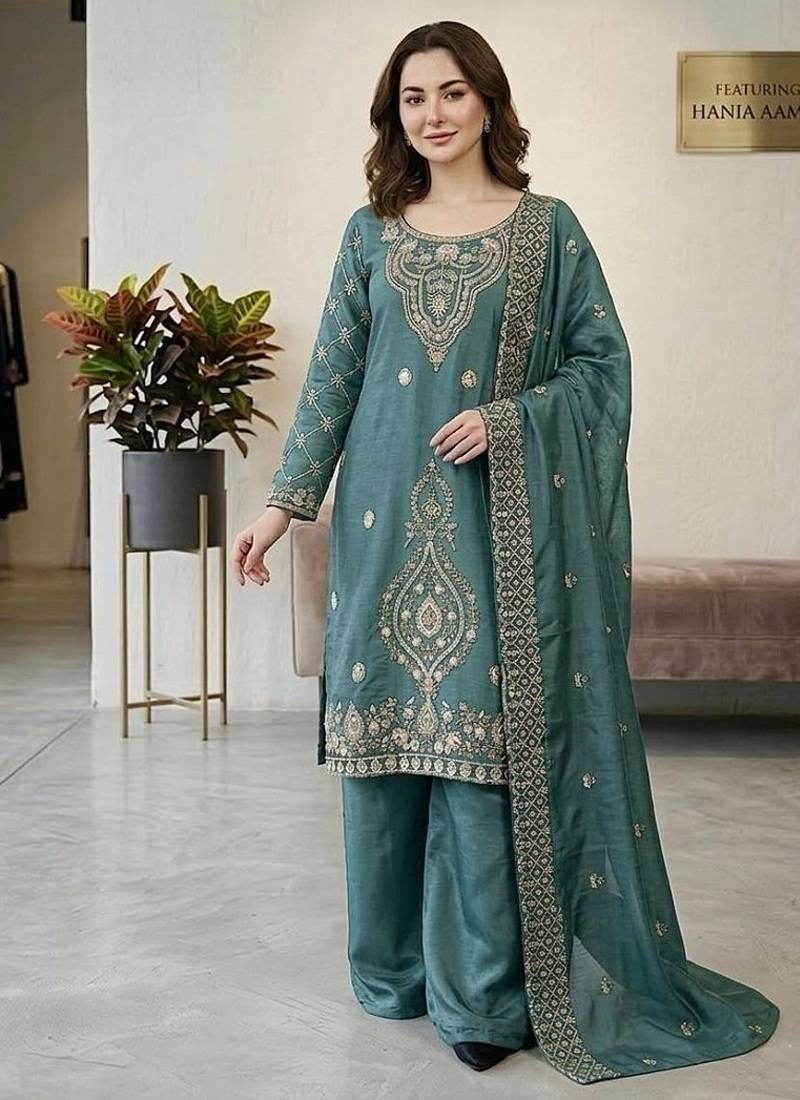 Seagreen silk blend embroidered beads work plazzo suit