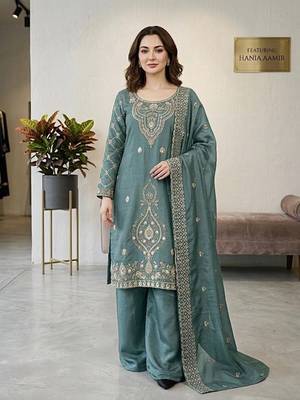 Seagreen silk blend embroidered beads work plazzo suit 2