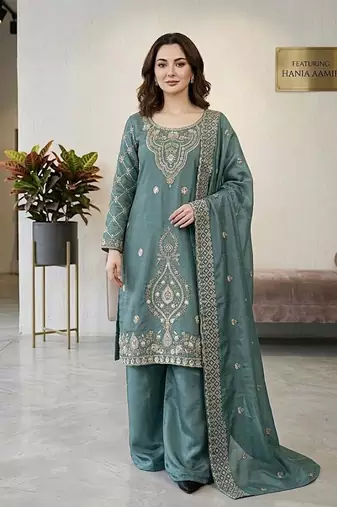 Seagreen silk blend embroidered beads work plazzo suit