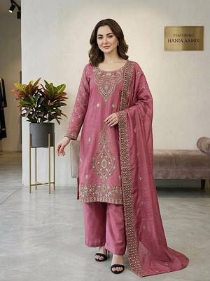 Pink silk blend embroidered beads work plazzo suit 1