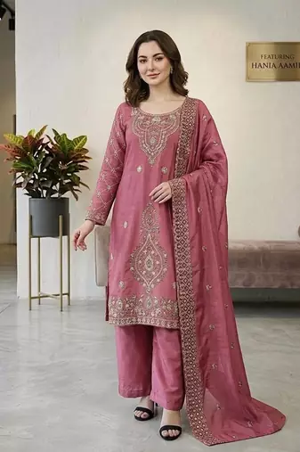 Pink silk blend embroidered beads work plazzo suit