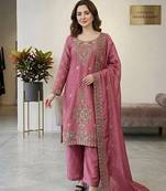 Pink silk blend embroidered beads work plazzo suit