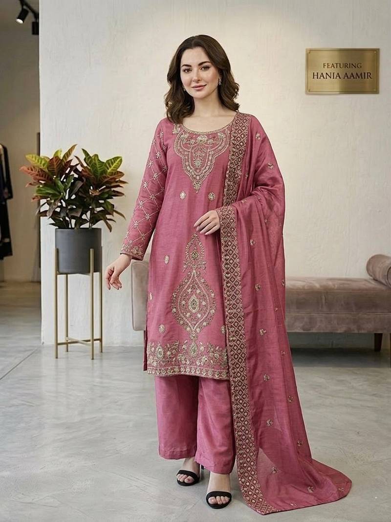 Pink silk blend embroidered beads work plazzo suit