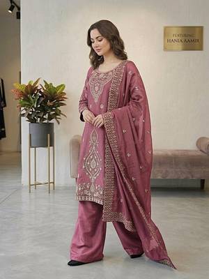 Pink silk blend embroidered beads work plazzo suit 3