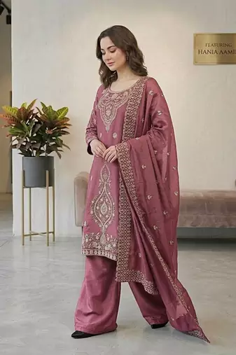 Pink silk blend embroidered beads work plazzo suit