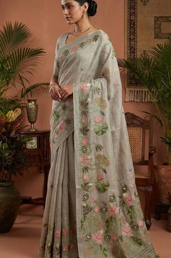 Grey Color Resham weaving  Cotton Saree