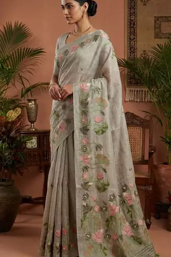 Grey Color Resham weaving  Cotton Saree