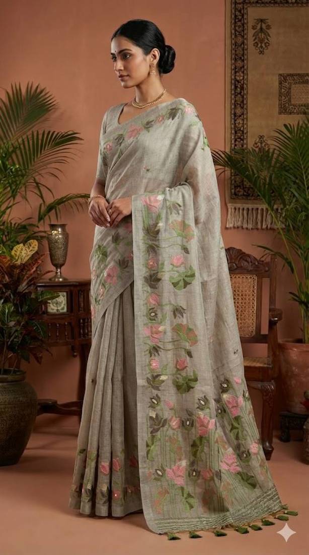 Grey Color Resham weaving  Cotton Saree