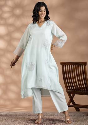 Turquoise blue jacquard floral print kurta set 1