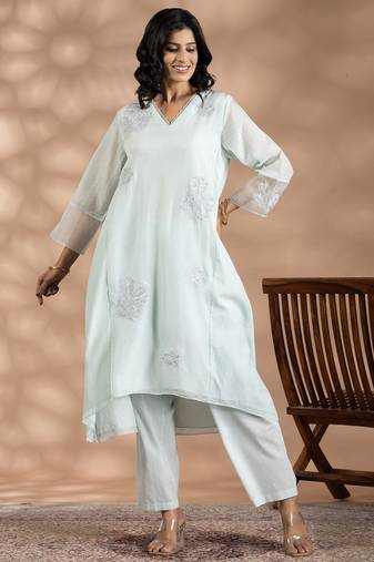 Turquoise blue jacquard floral print kurta set
