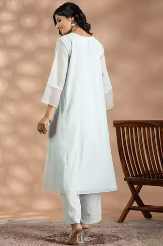 Turquoise blue jacquard floral print kurta set