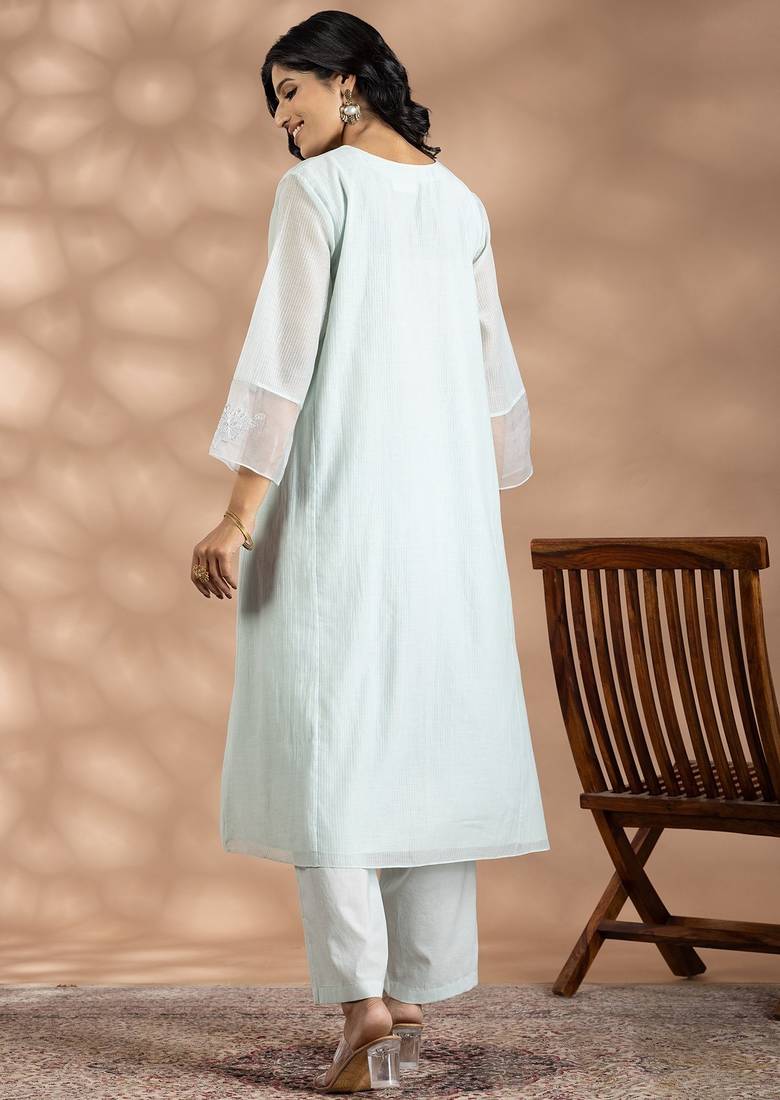 Turquoise blue jacquard floral print kurta set
