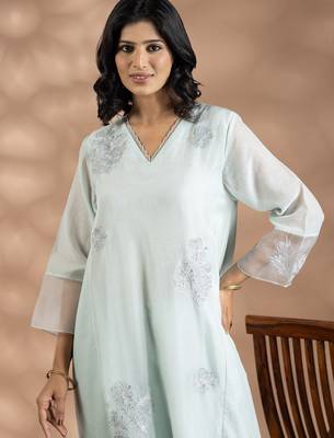 Turquoise blue jacquard floral print kurta set 3
