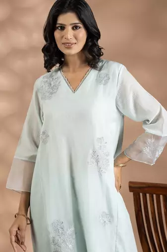 Turquoise blue jacquard floral print kurta set